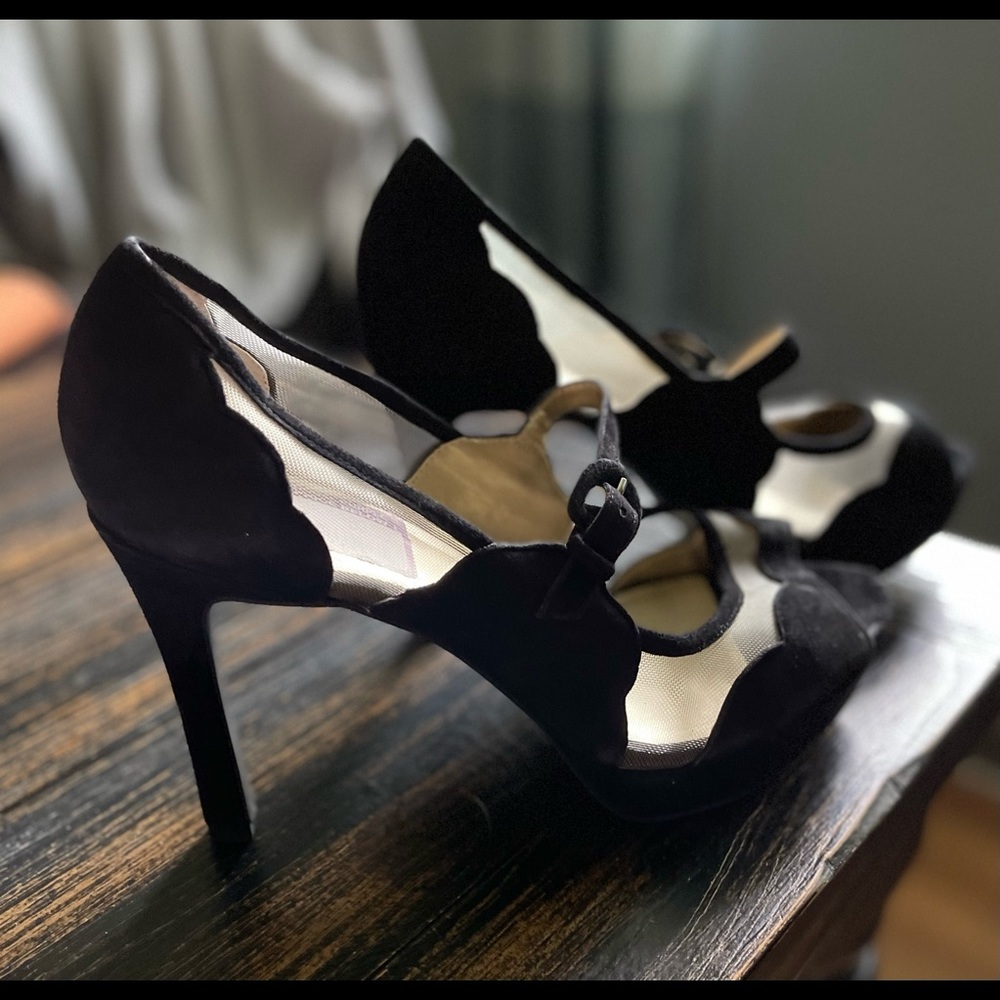 Black suede and sheer open toe 4 inch heels by Levity (@DSW)